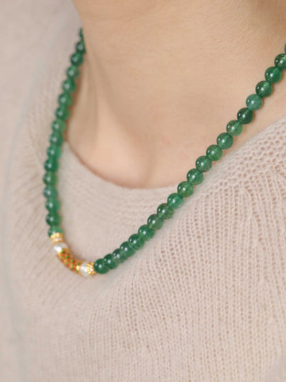 Green Aventurine Harmony Necklace Bracelet with Pearl & Enamel Gold Accent – Luck, Growth & Emotional Balance