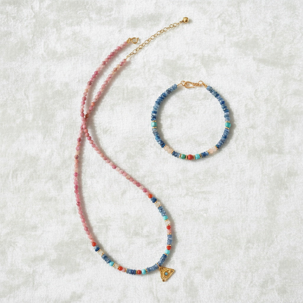 Celestial Triangle Amulet Beaded Necklace & Bracelet Set – Two-Way Wear for Balance & Protection