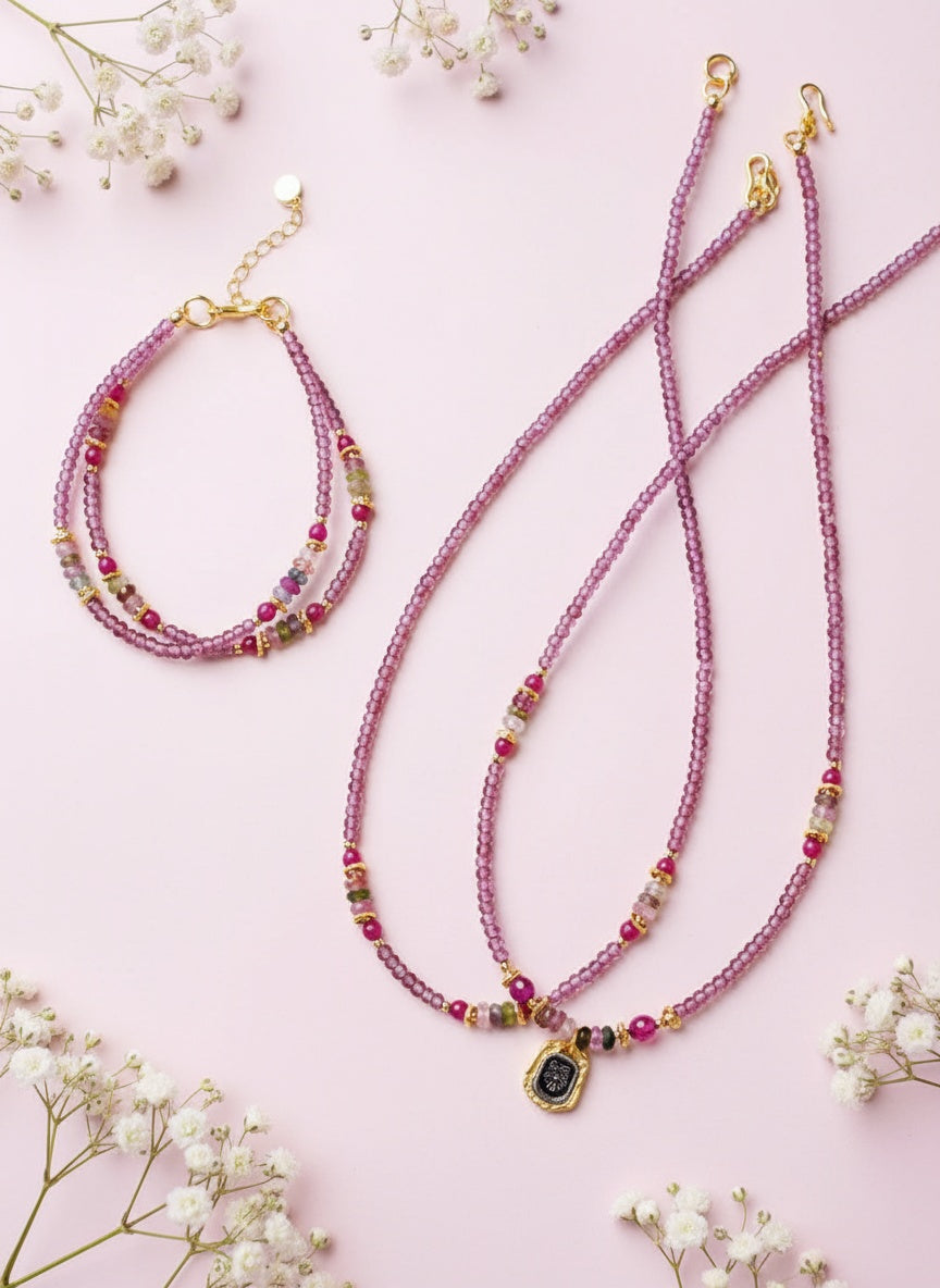 Imperial Tourmaline Blessing Necklace – Double-Strand 14K Gold-Plated Amulet Design for Wealth and Charm
