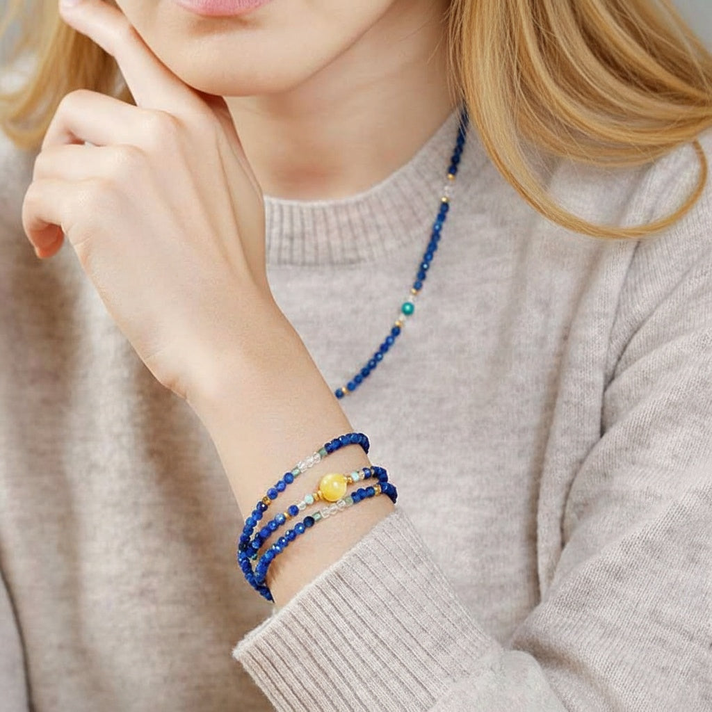 Starry Night Lapis Lazuli Convertible Necklace & Wrap Bracelet – Yellow Agate & Amazonite Energy Jewelry