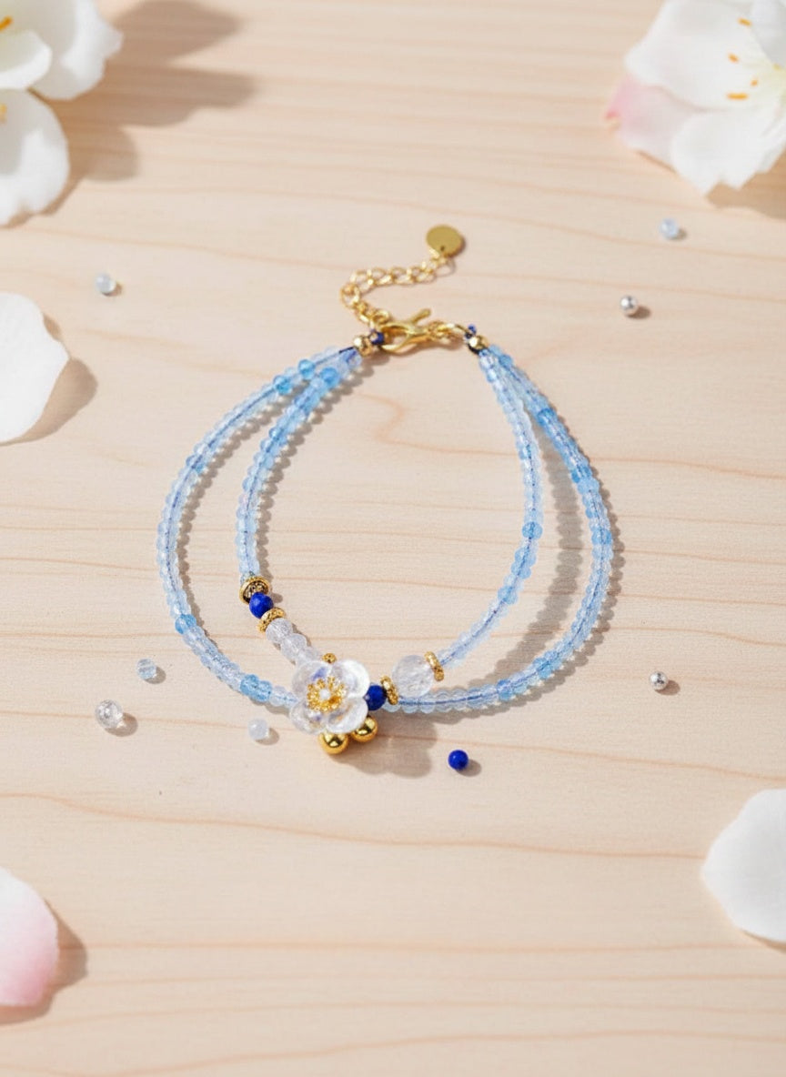 Camellia Bloom Crystal Bracelet – Double-Strand Light Blue Beaded Flower Bracelet for Women