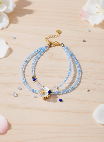 Camellia Bloom Crystal Bracelet – Double-Strand Light Blue Beaded Flower Bracelet for Women