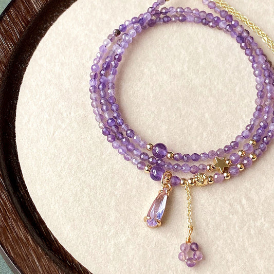 Amethyst Galaxy Multi-Layer Crystal Necklace Bracelet 2-Way Wear – Star & Teardrop Charm Edition