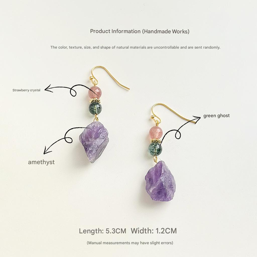 Raw Amethyst Drop Earrings with Strawberry Crystal & Green Ghost Quartz