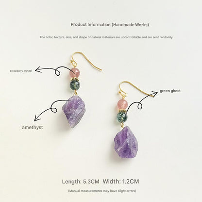 Raw Amethyst Drop Earrings with Strawberry Crystal & Green Ghost Quartz