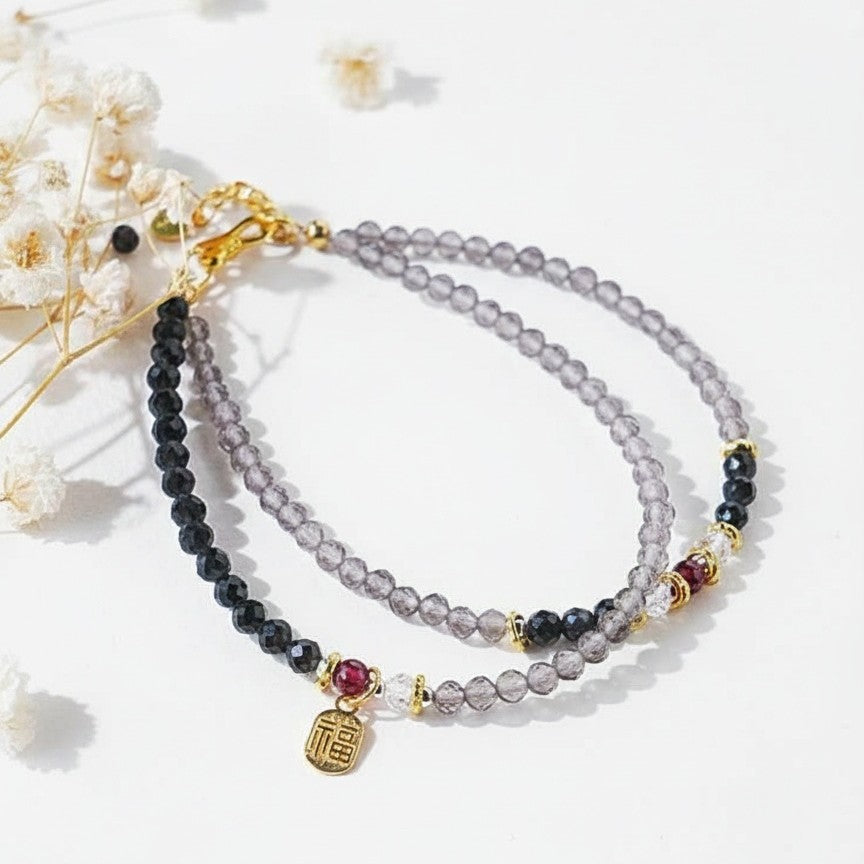 Black Obsidian & Garnet Double-Layer Crystal Bracelet – Gold Fortune Charm, Adjustable Design
