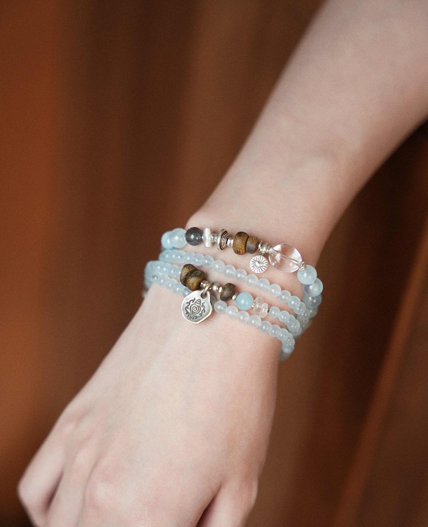Ocean Whisper Aquamarine & Wood Crystal Wrap – Bracelet & Necklace 2-in-1