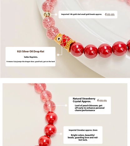 Fortune Fish Red Strawberry Quartz and Agate Bracelet with Gold Koi Charm