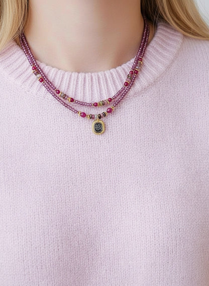 Imperial Tourmaline Blessing Necklace – Double-Strand 14K Gold-Plated Amulet Design for Wealth and Charm