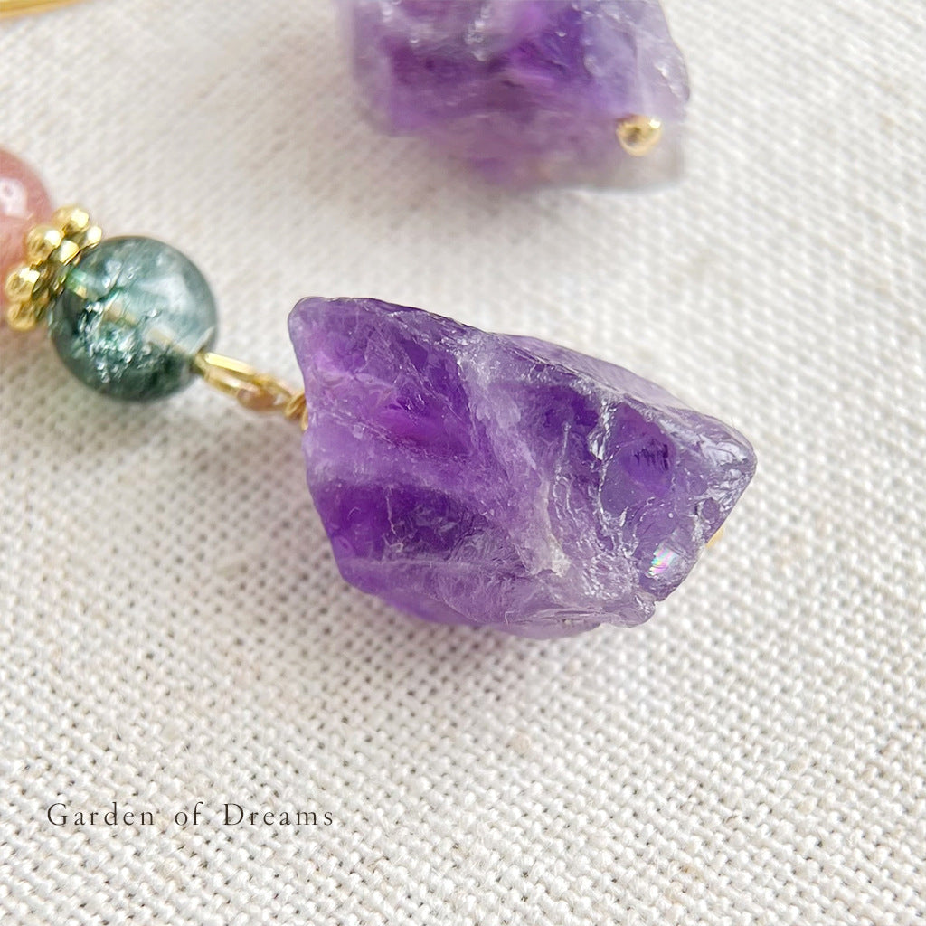 Raw Amethyst Drop Earrings with Strawberry Crystal & Green Ghost Quartz