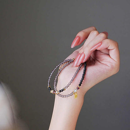 Black Obsidian & Garnet Double-Layer Crystal Bracelet – Gold Fortune Charm, Adjustable Design