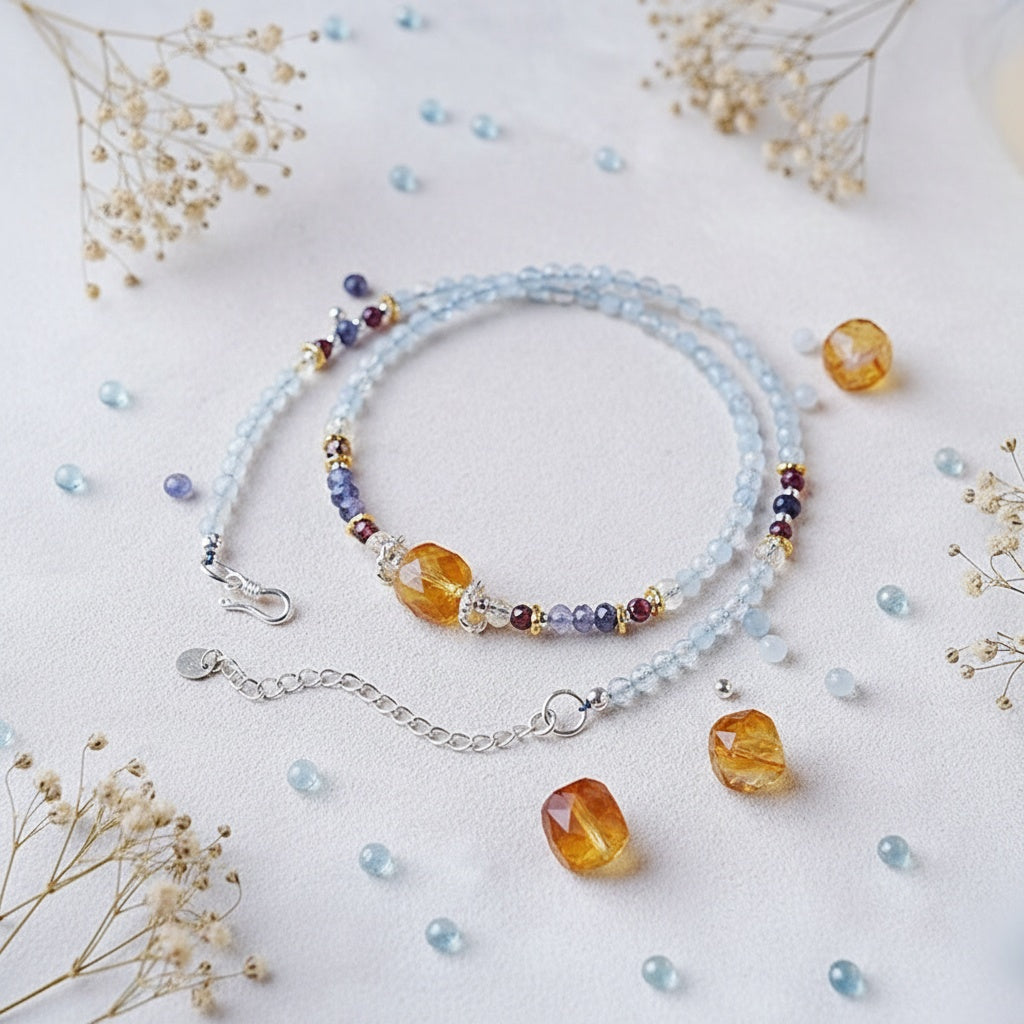 Multicolored beaded bracelet on a light background with dried flowers