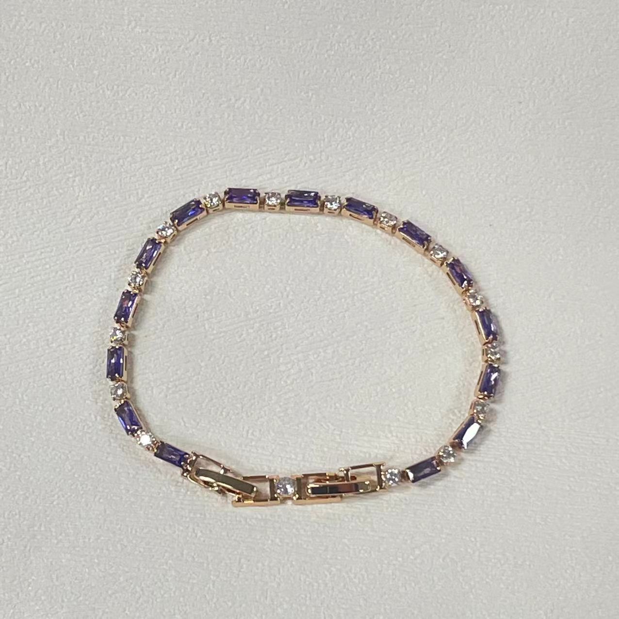 Elegant Purple Crystal Rose Gold Tennis Bracelet – Dainty Baguette Cut Zirconia Chain