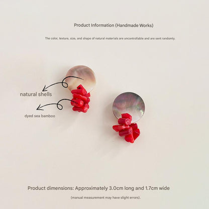 Handmade Shell Nacre and Red Bamboo Stud Earrings
