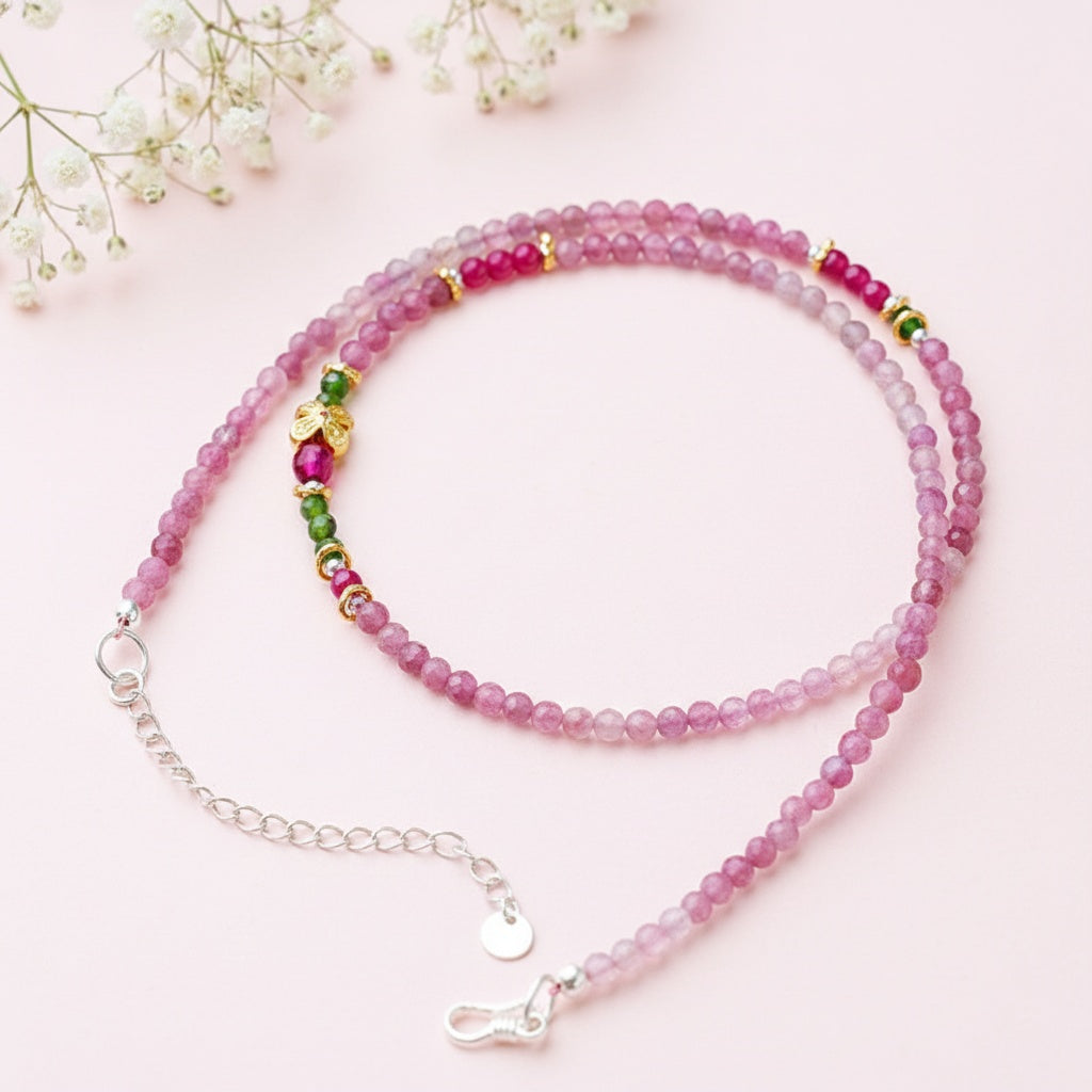 2-in-1 Pink Tourmaline & Green Garnet Beaded Jewelry – Wear as Necklace or Double-Layer Bracelet with Butterfly Charm