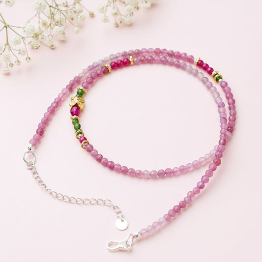 2-in-1 Pink Tourmaline & Green Garnet Beaded Jewelry – Wear as Necklace or Double-Layer Bracelet with Butterfly Charm