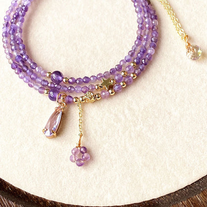 Amethyst Galaxy Multi-Layer Crystal Necklace Bracelet 2-Way Wear – Star & Teardrop Charm Edition