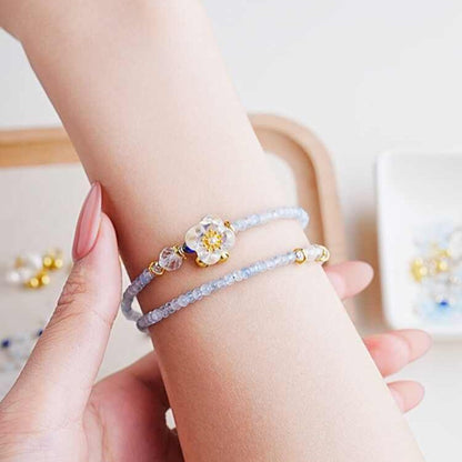 Camellia Bloom Crystal Bracelet – Double-Strand Light Blue Beaded Flower Bracelet for Women