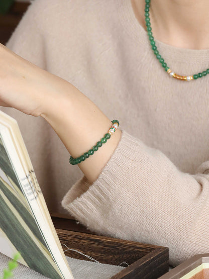 Green Aventurine Harmony Necklace Bracelet with Pearl & Enamel Gold Accent – Luck, Growth & Emotional Balance