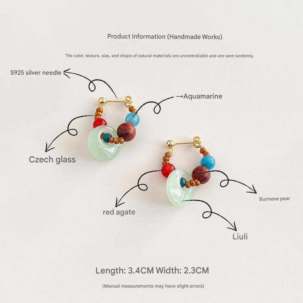 Jade Donut Hoop Earrings with Aquamarine & Red Agate | Handmade S925 Silver Stud Earrings