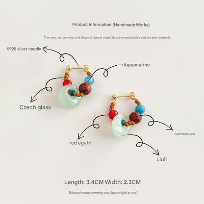 Jade Donut Hoop Earrings with Aquamarine & Red Agate | Handmade S925 Silver Stud Earrings