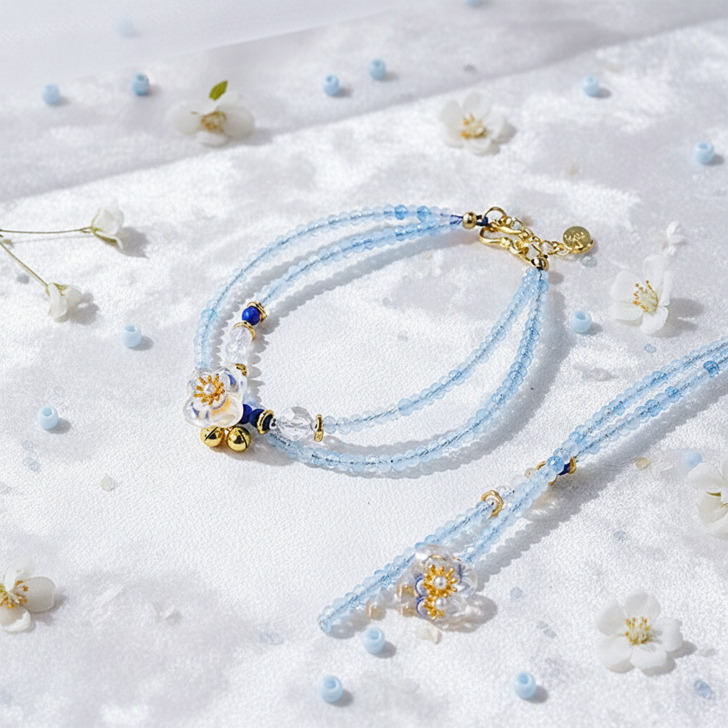 Camellia Bloom Crystal Bracelet – Double-Strand Light Blue Beaded Flower Bracelet for Women