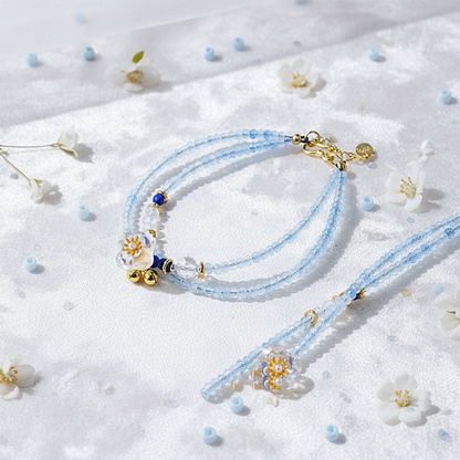 Camellia Bloom Crystal Bracelet – Double-Strand Light Blue Beaded Flower Bracelet for Women