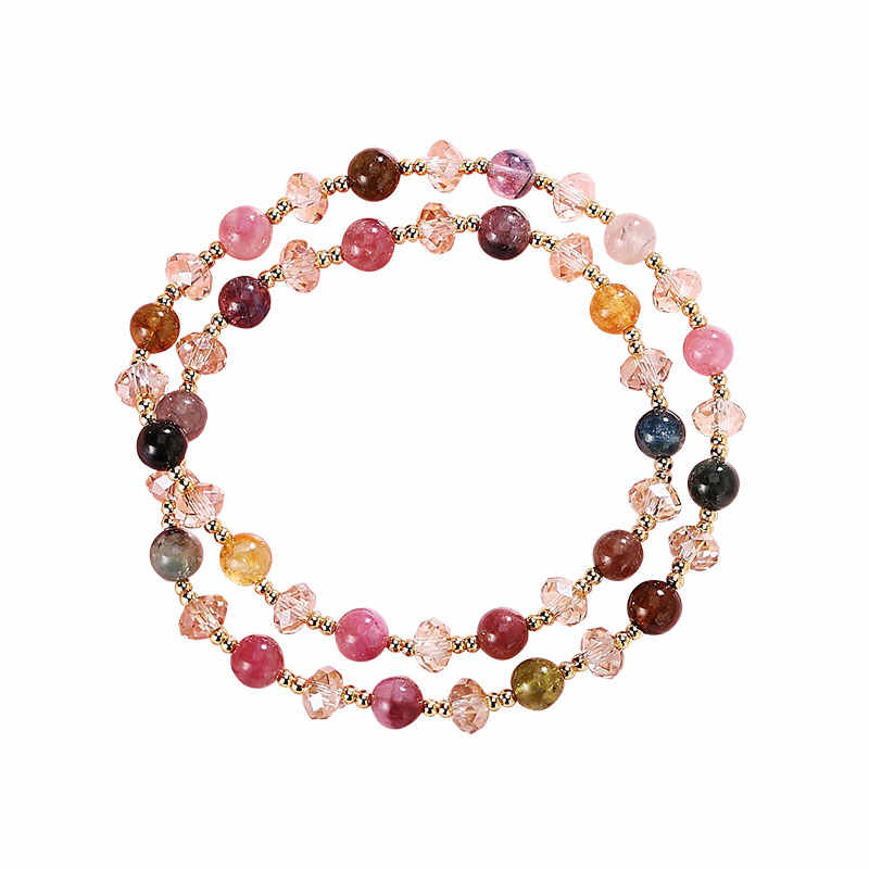 Multicolored beaded necklace on a white background