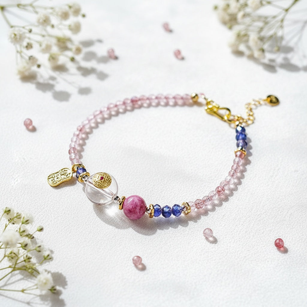 Colorful beaded bracelet with charms on a white background with flowers