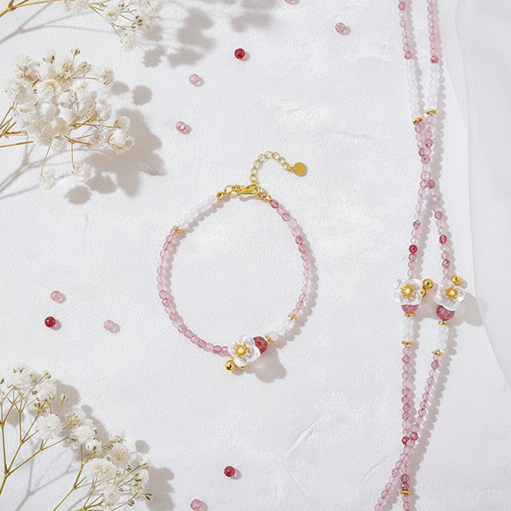 Beaded bracelet and necklace set with flowers on a white background