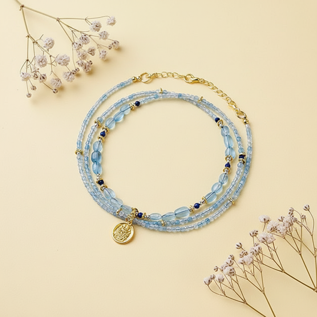Sky Blessing Aquamarine Crystal Necklace & Bracelet – Dual-Wear Gold-Plated Charm for Peace & Intuition