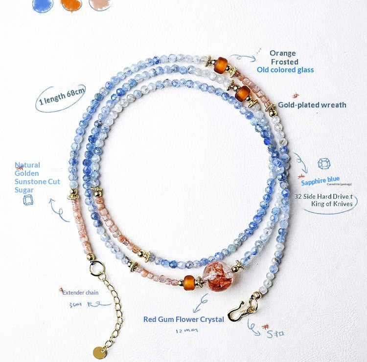 Beaded necklace with detailed specifications on a white background
