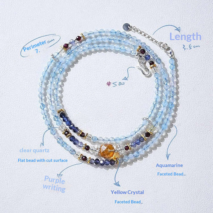 Beaded necklace with labeled components on a light blue background