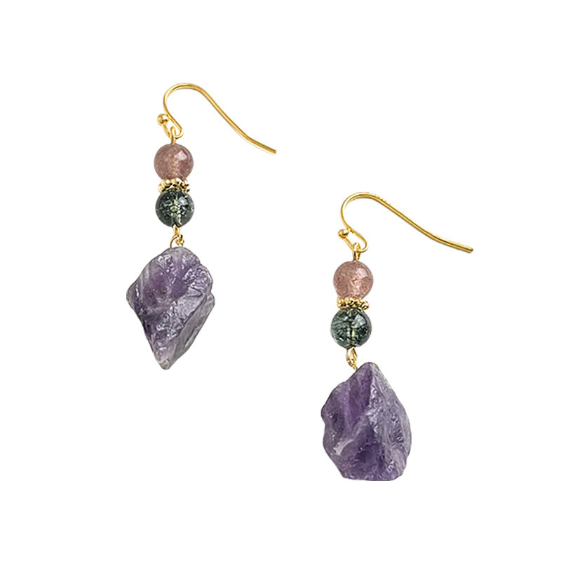 Raw Amethyst Drop Earrings with Strawberry Crystal & Green Ghost Quartz
