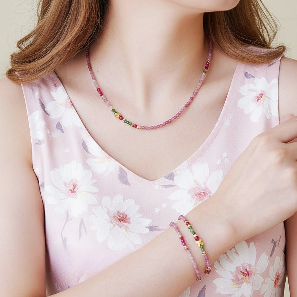 2-in-1 Pink Tourmaline & Green Garnet Beaded Jewelry – Wear as Necklace or Double-Layer Bracelet with Butterfly Charm