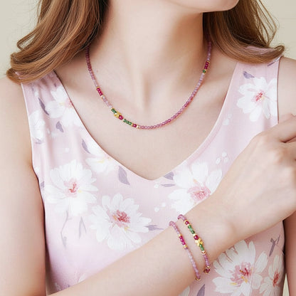 2-in-1 Pink Tourmaline & Green Garnet Beaded Jewelry – Wear as Necklace or Double-Layer Bracelet with Butterfly Charm