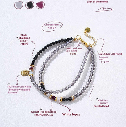 Black Obsidian & Garnet Double-Layer Crystal Bracelet – Gold Fortune Charm, Adjustable Design
