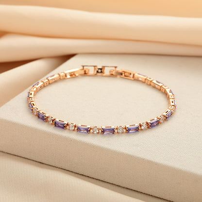Elegant Purple Crystal Rose Gold Tennis Bracelet – Dainty Baguette Cut Zirconia Chain