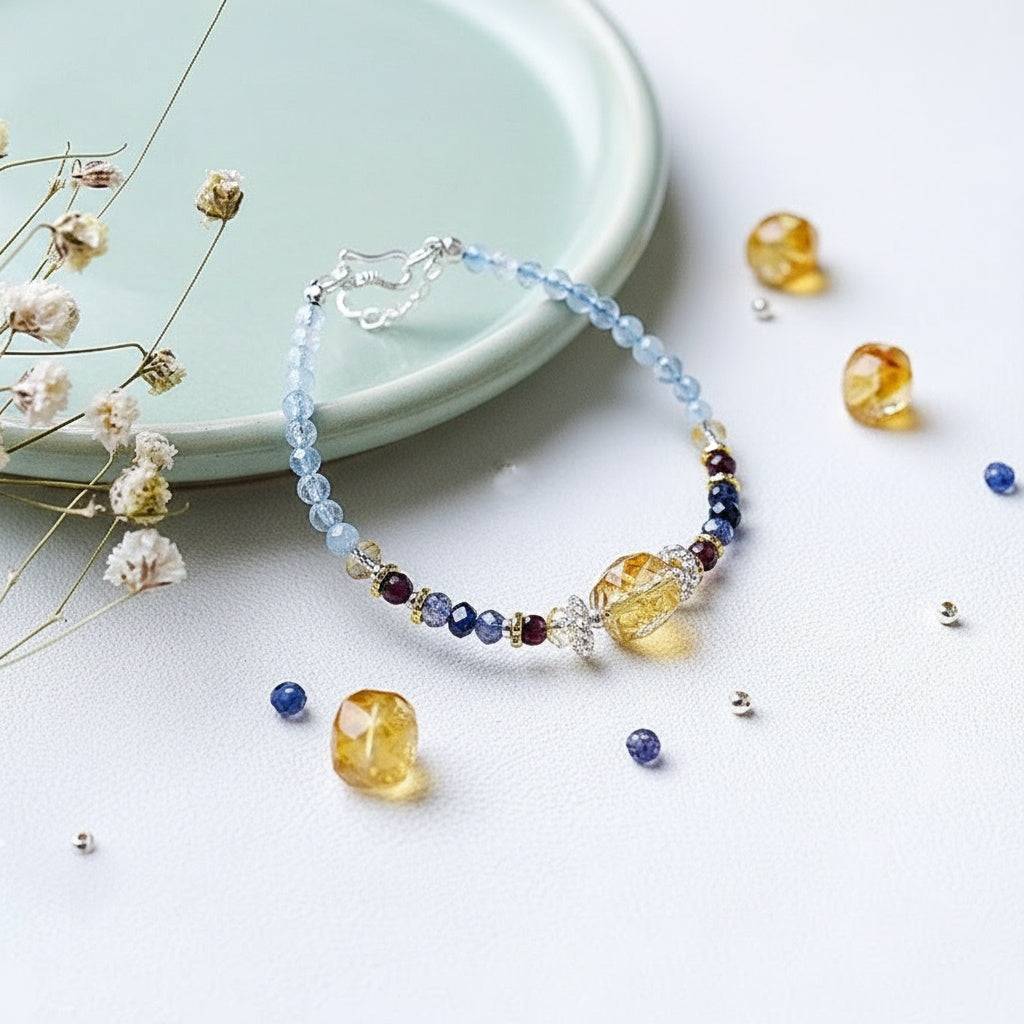 Citrine & Aquamarine Beaded Bracelet – Handmade Crystal Jewelry for Positivity, Creativity & Calm