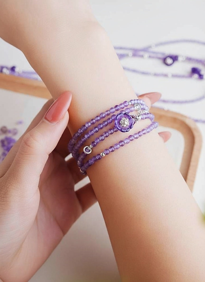 Lavender Amethyst Crystal Necklace & Bracelet – 2-in-1 Floral Design for Peace & Intuition