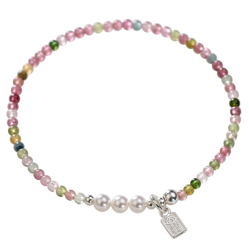 Rainbow Tourmaline & Freshwater Pearl Bracelet with 925 Silver Char