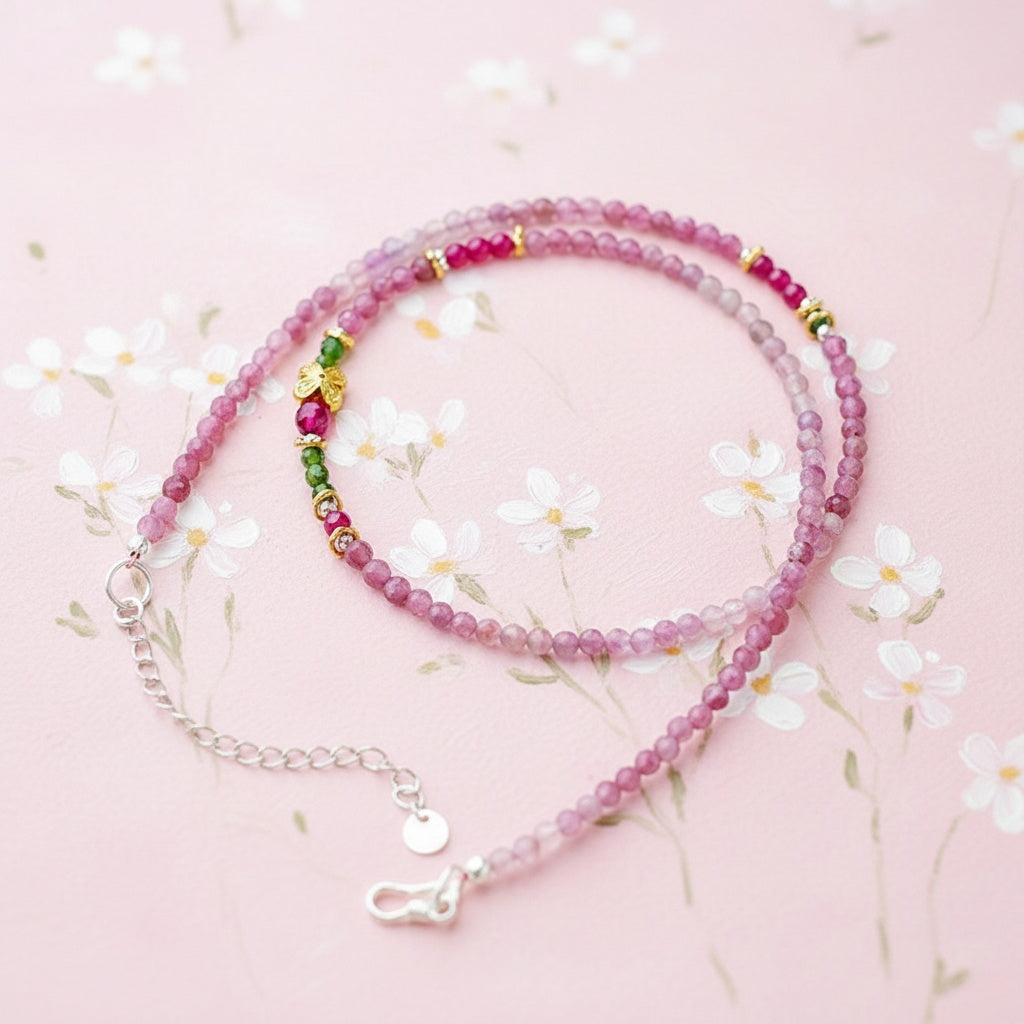 2-Way Gradient Pink Tourmaline & Green Crystal Beaded Bracelet Necklace – Floral Charm Design in Sterling Silver