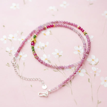 2-Way Gradient Pink Tourmaline & Green Crystal Beaded Bracelet Necklace – Floral Charm Design in Sterling Silver