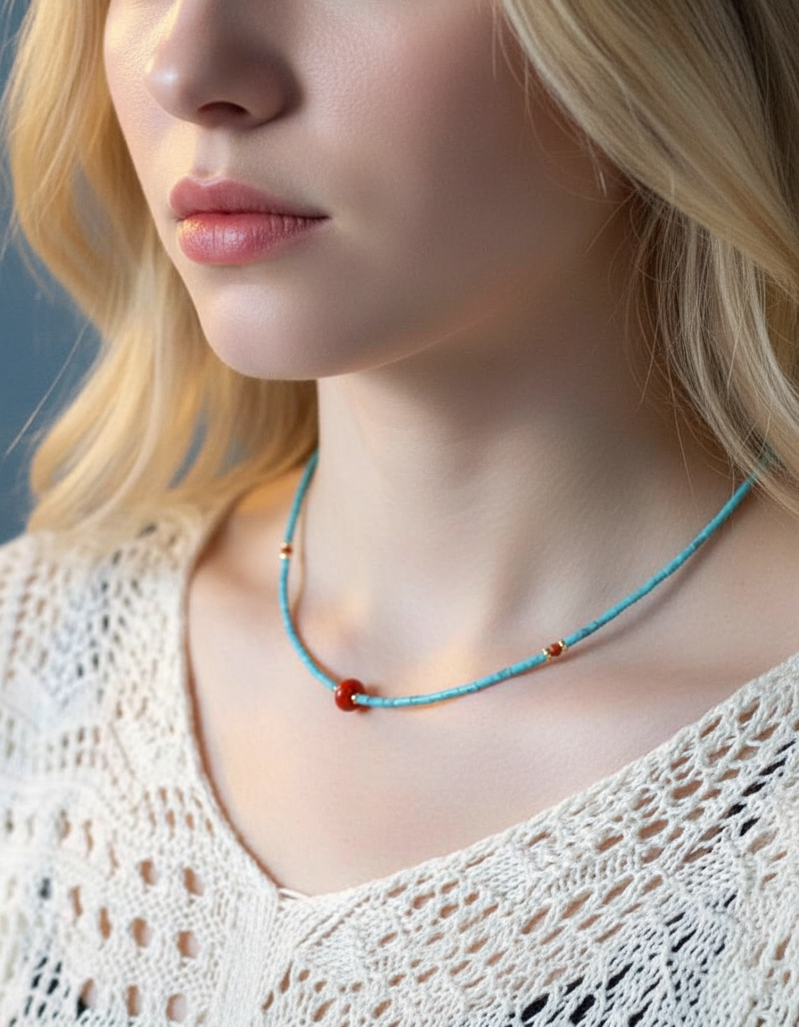 Close-up of a woman wearing a turquoise necklace with red accents.