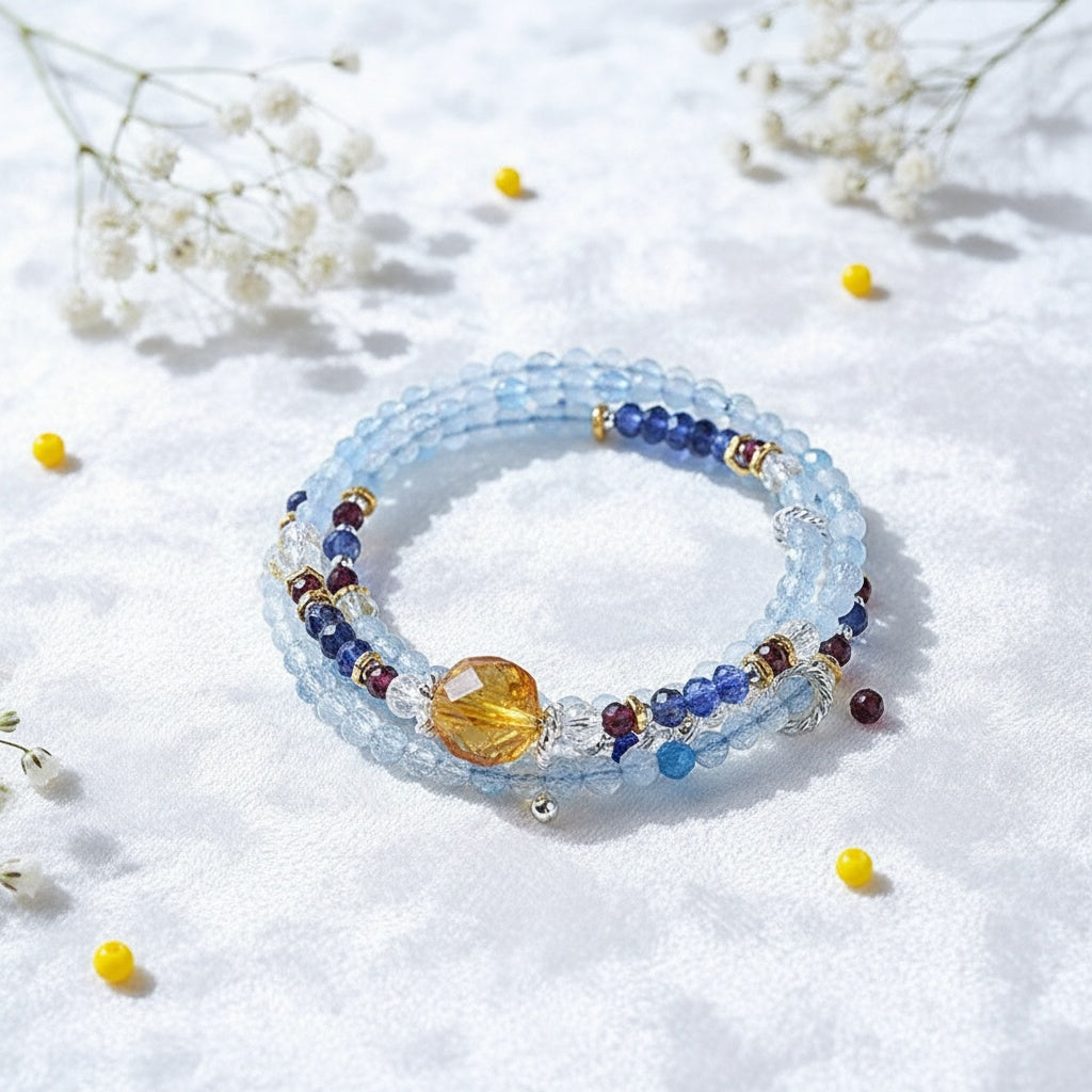 Beaded bracelet with colorful stones on a white background with small yellow flowers