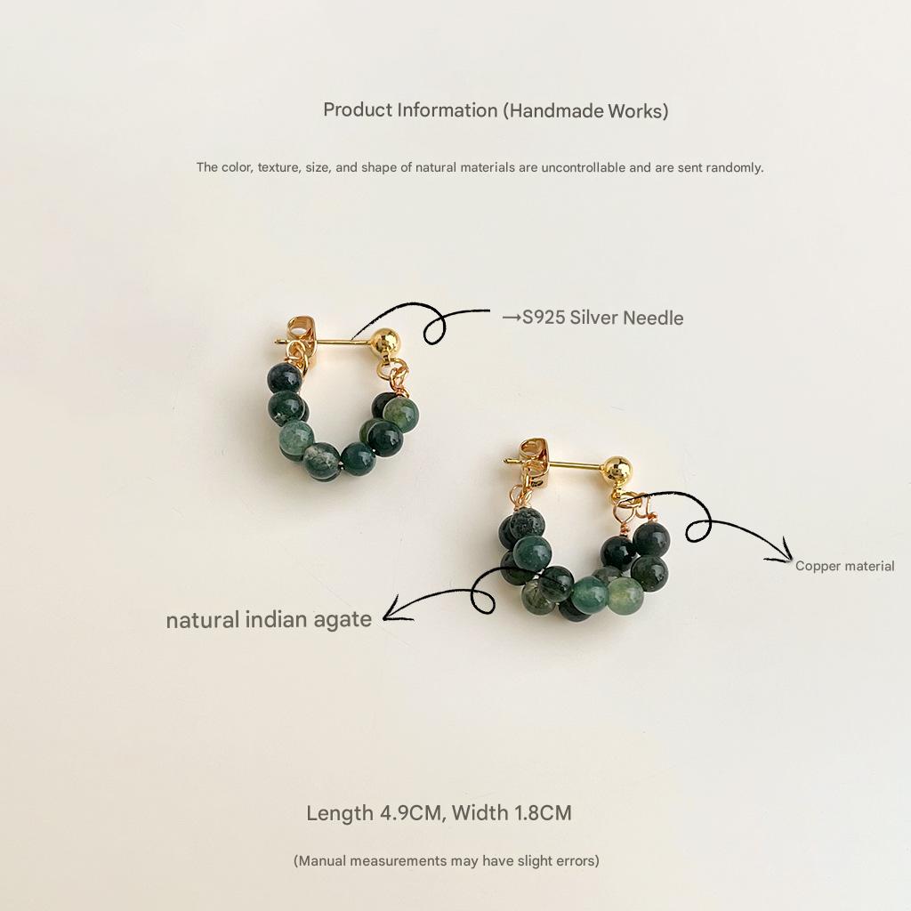 Natural Indian Agate Hoop Earrings | S925 Silver Needle Green Gemstone Earrings