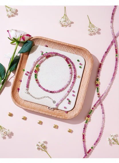 2-in-1 Pink Tourmaline & Green Garnet Beaded Jewelry – Wear as Necklace or Double-Layer Bracelet with Butterfly Charm