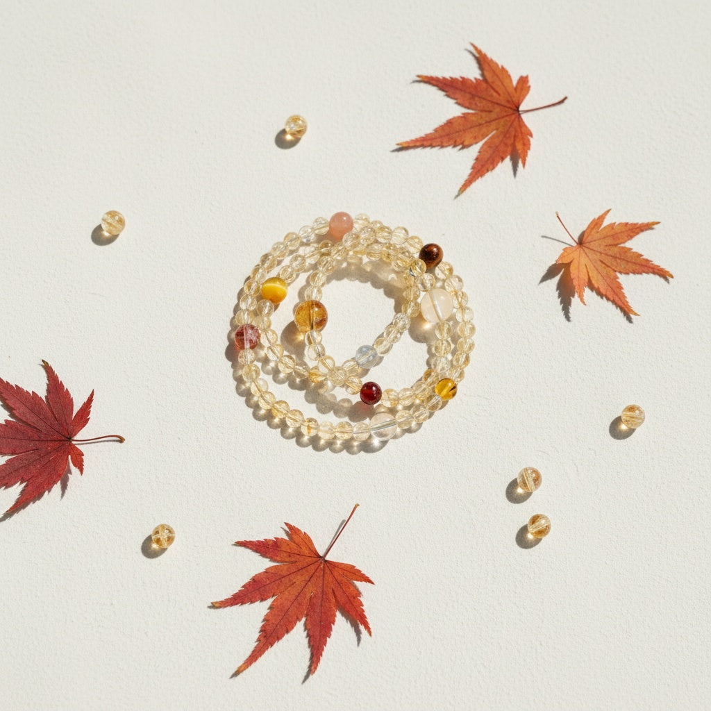 Stack of beaded bracelets with red and orange leaves on a light background