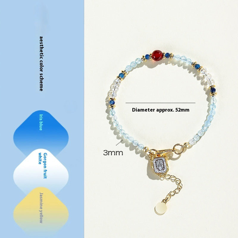 Iris Blue Crystal Beaded Bracelet & Choker Set – Red Agate & Gold Accent, Dual-Wear Design