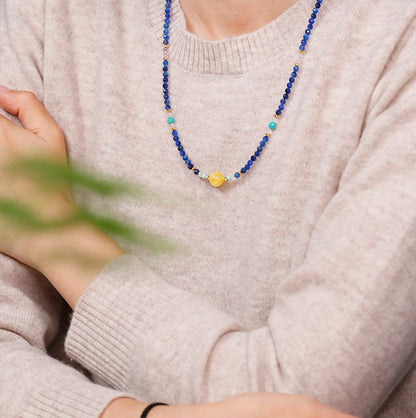 Starry Night Lapis Lazuli Convertible Necklace & Wrap Bracelet – Yellow Agate & Amazonite Energy Jewelry